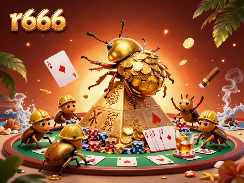 Experience thrilling gameplay with r666 as golden beetles navigate a pyramid of coins at a vibrant casino scene.