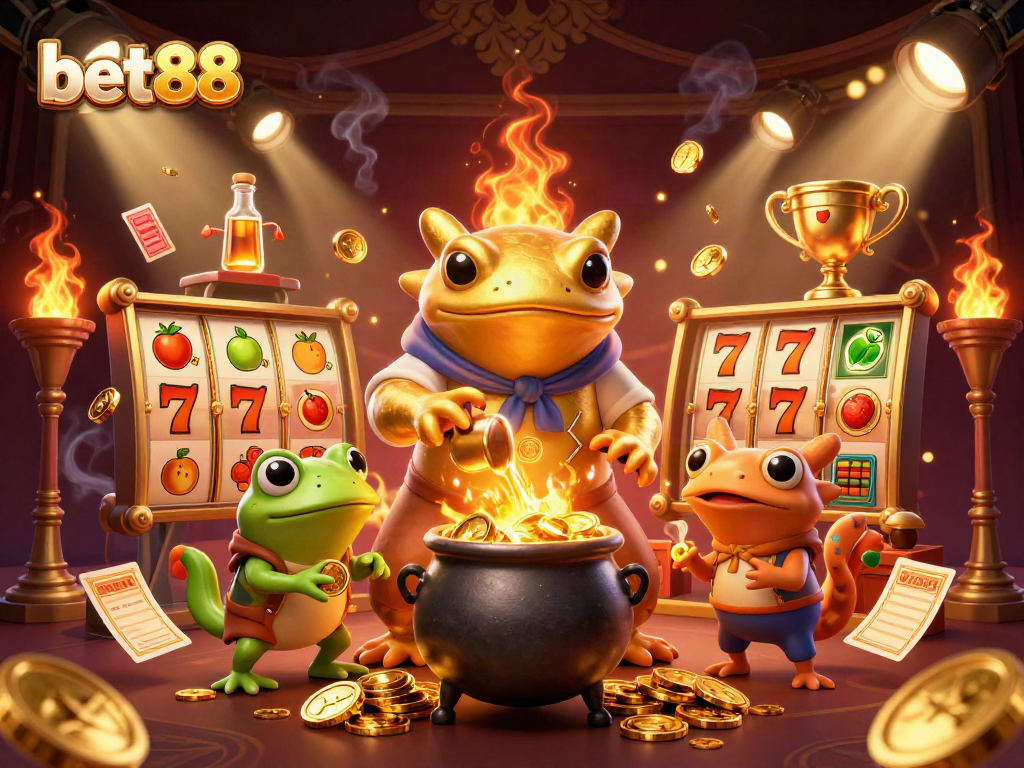 Bet88 showcases a golden alchemist and a frog apprentice amidst lively slot game elements and energy, illustrating casino excitement.