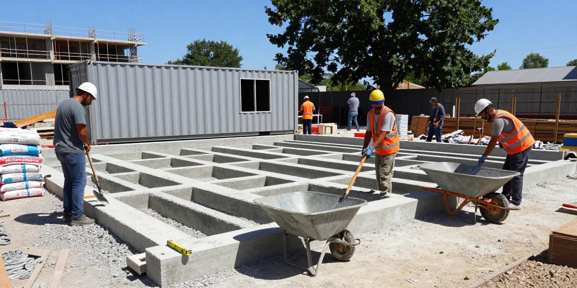 Fundament für Container in der Bauphase, Arbeitsteam bei der Ausrichtung von Betonpfeilern im Freien.