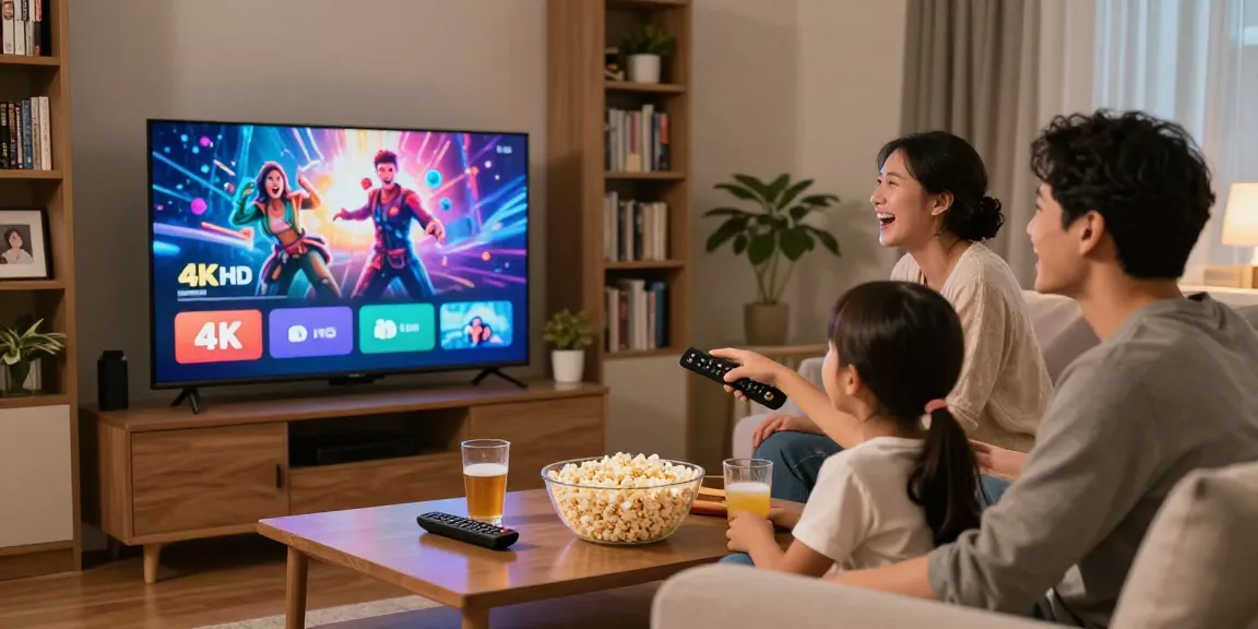 Familie genießt IPTV Streaming zusammen in 4K UHD bei gemütlichem Beisammensein.