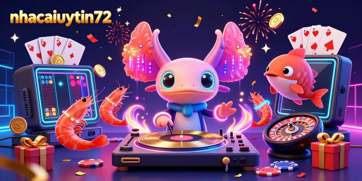 Experience vibrant gaming with nhacaiuytin72 as a lively axolotl DJ spins records amidst a festive scene.