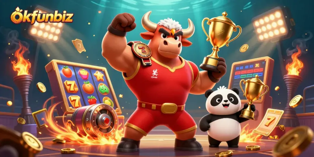 Exciting scene showcasing okfunbiz with playful characters celebrating casino wins.
