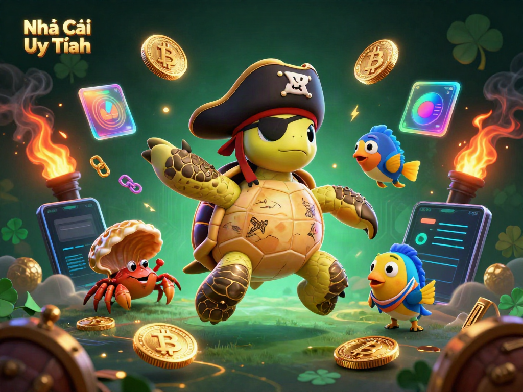 Engaging scene of Nhà Cái Uy Tín featuring a pirate turtle and golden crab amidst crypto coins and prize symbols