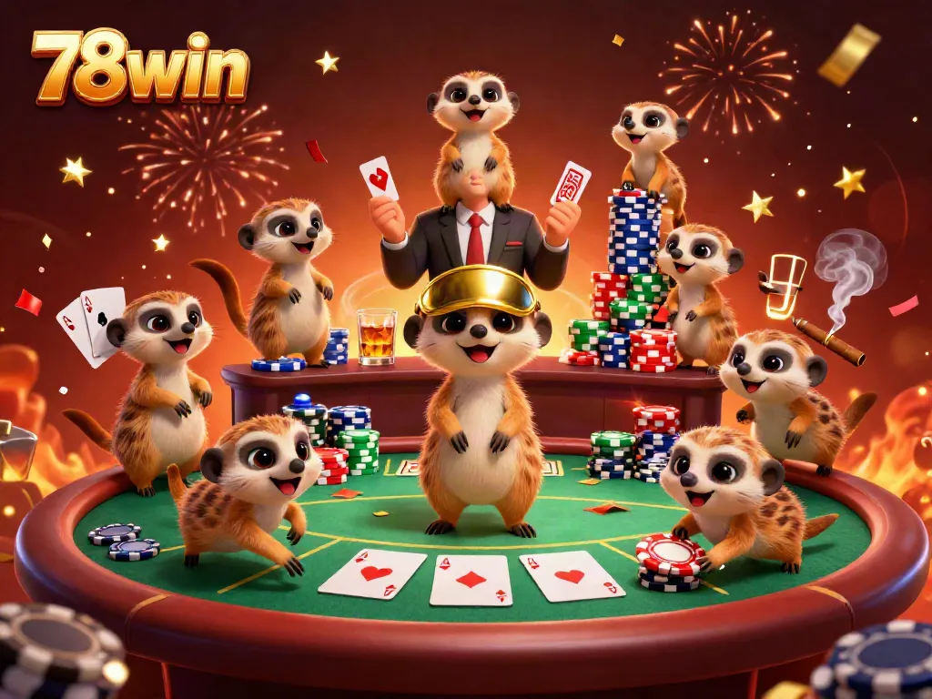Engage with 78win's dynamic casino scene featuring playful meerkats overseeing a vibrant gaming operation.
