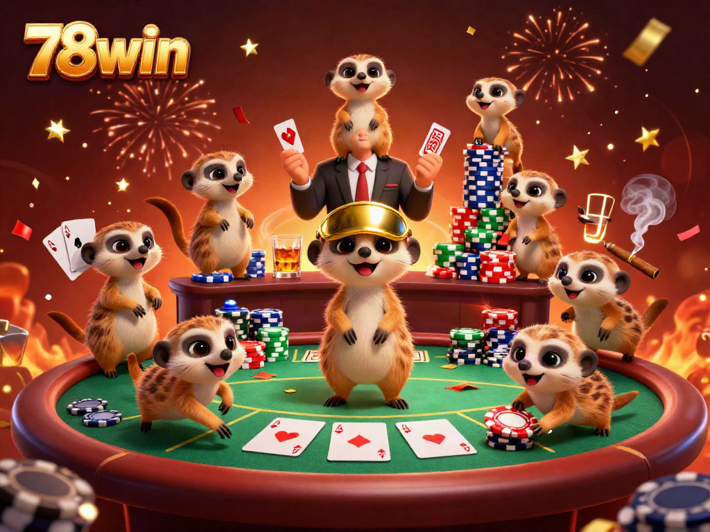 Engage with 78win's dynamic casino scene featuring playful meerkats overseeing a vibrant gaming operation.