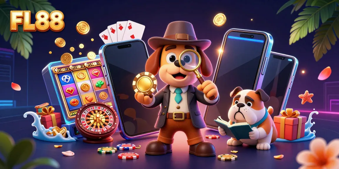 Engage in exciting games at FL88 with this vibrant 3D casino illustration featuring a detective and treasures.