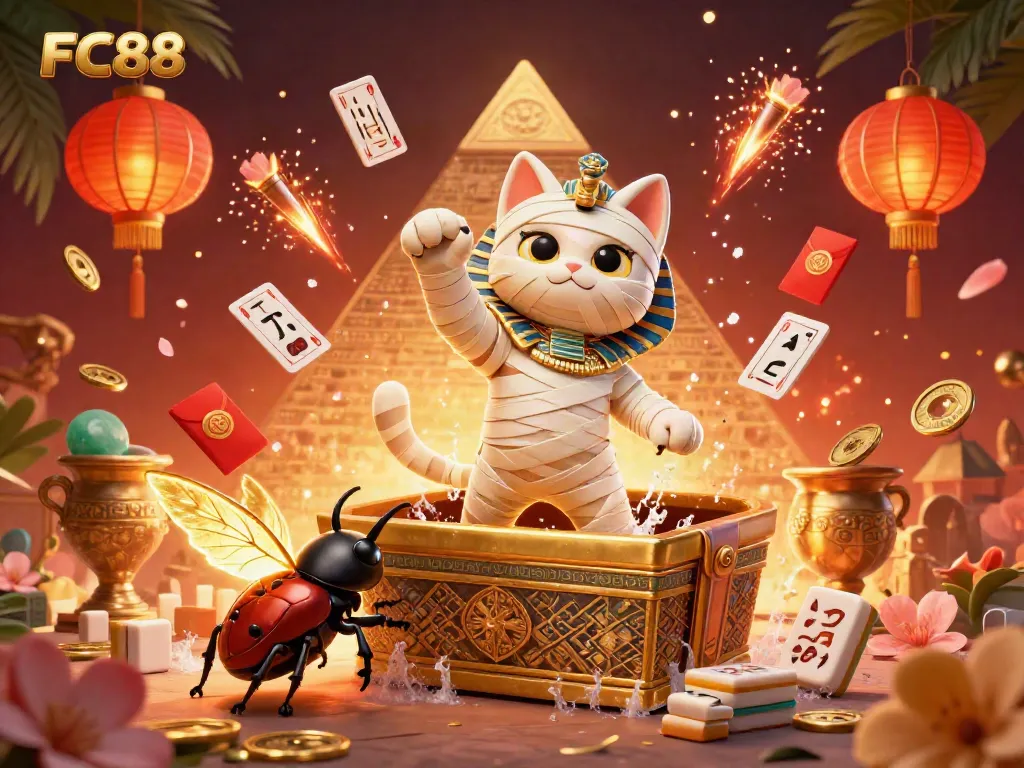Experience thrilling gameplay at FC88 with an Egyptian mummy cat and glowing scarab beetle in a vibrant casino scene.