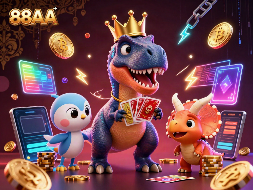 88AA showcases a lively scene of a T-Rex shuffling cards, pterodactyl assisting, and triceratops stacking chips in a dynamic casino setting.