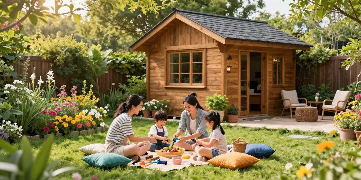 Modernes Gartenhaus inmitten blühender Pflanzen mit Familie beim Picknick.