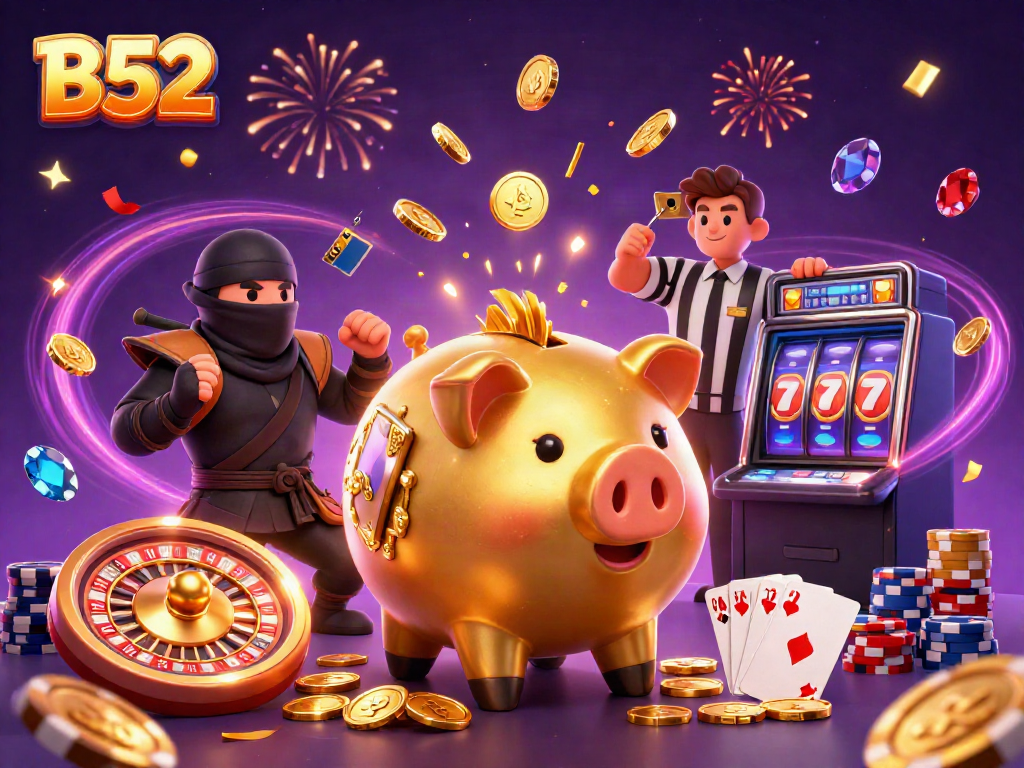 Join the excitement at B52 Casino with a sumo wrestler, ninja, and referee amid a celebration of gaming.