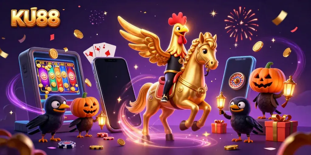 Experience the thrill of KU88 with a golden rooster riding through a vibrant casino scene filled with gaming elements.