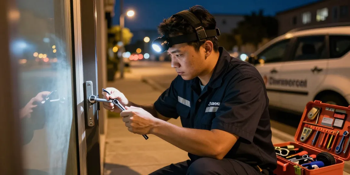 Emergency locksmith near me unlocking a door at night with professional tools in an urban setting.