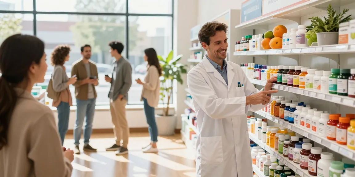 Kundenfreundliche Interaktion im Medi Pharma Shop, die lebendige Gesundheitsprodukte und eine einladende Atmosphäre zeigt.