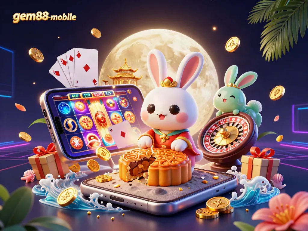 Win exciting rewards with gem88-mobile in a vivid casino-inspired 3D illustration.