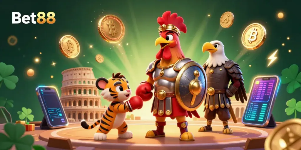 Join the excitement at Bet88 with a lively casino illustration featuring a gladiator rooster, tiger cub, and gambling elements.
