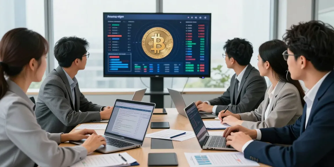 Das Bitcoin-Zahlungsgateway wird in einem modernen Büro bei einer Teambesprechung vorgestellt, mit realen Daten und Analysen.