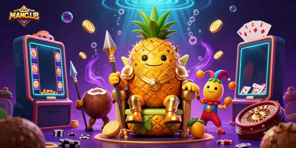 Engage with MANCLUB's exciting casino games while the golden pineapple king rules the vibrant scene.
