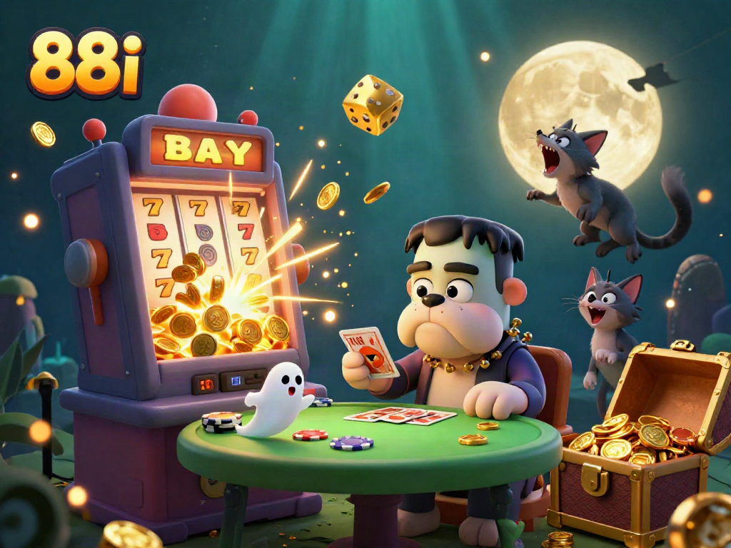 Experience thrilling gameplay with 88i as the Frankenstein bulldog deals cards at a vibrant casino scene.