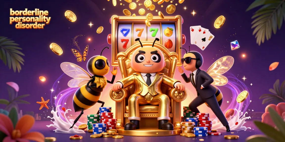 Engaging 3D illustration depicting borderline personality disorder in a vibrant casino-themed scene with characters and dynamic gambling elements.