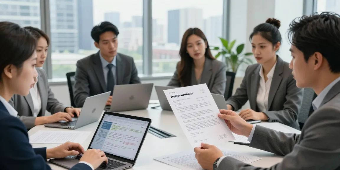 Arbeitszeugnis prüfen: Team analysiert Referenzschreiben in modernem Büro, Tablets und Notizen im Einsatz.