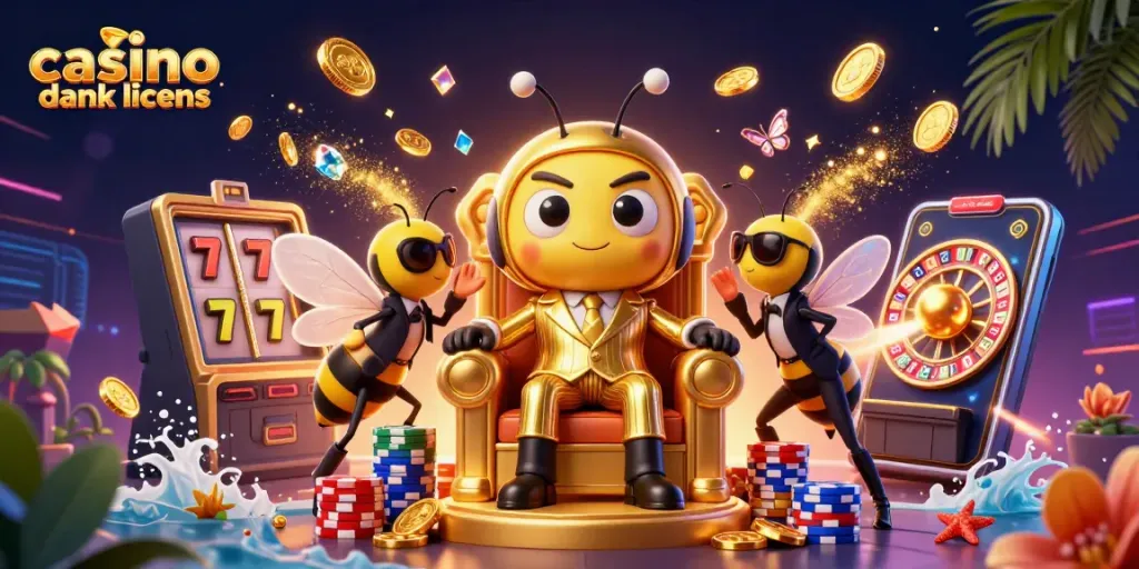 Experience thrilling wins at casino uden dansk licens with a vibrant 3D illustration showing a playful gambling scene.