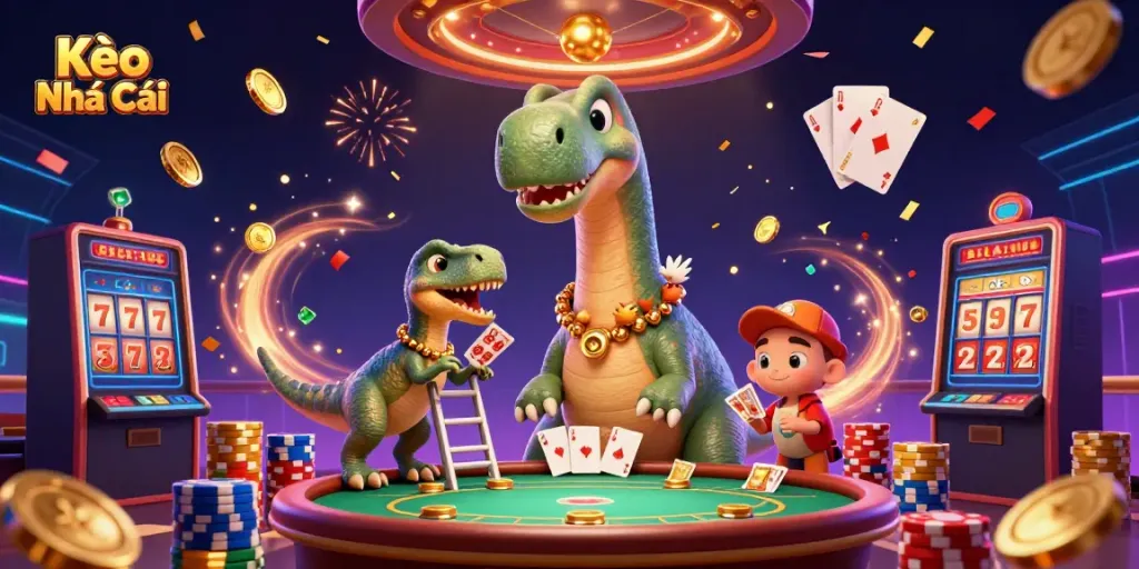 Experience Kèo Nhà Cái excitement with towering dinosaur casino scene full of action and gambling elements.