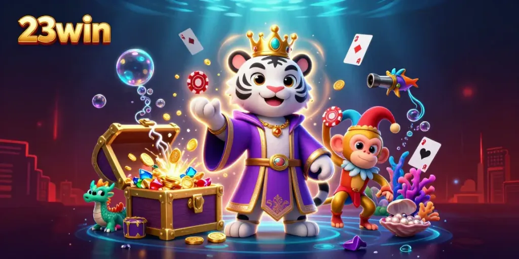 Experience excitement at 23win with an enchanting scene of a playful tiger, monkey, and dragon amid sparkling treasures.