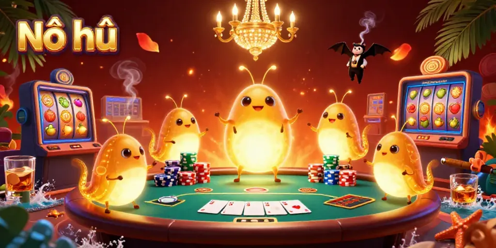 Nổ hũ online casino scene featuring glowworms and a bat dealer creating an energetic atmosphere.