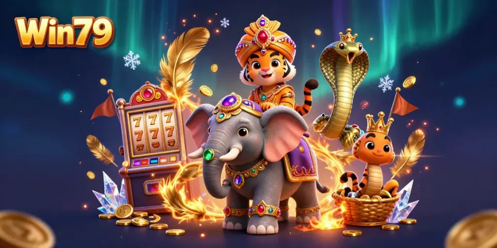 Win79 online casino illustration featuring a tiger, elephant, and cobra amidst slot machine reels and gold coins