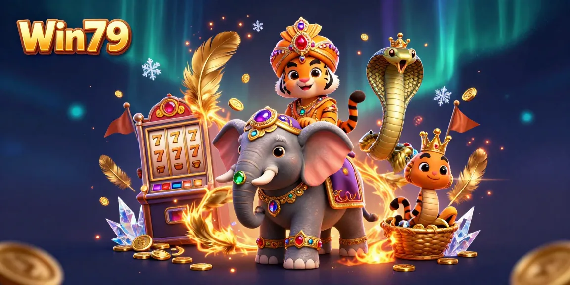 Win79 online casino illustration featuring a tiger, elephant, and cobra amidst slot machine reels and gold coins