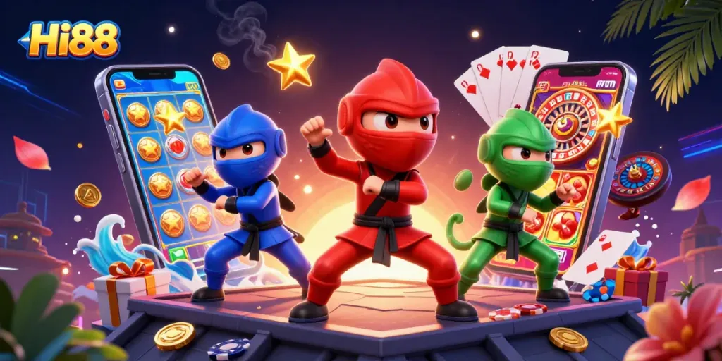 Join the action at Hi88 with vibrant chameleon ninja performers amid thrilling casino gaming elements.