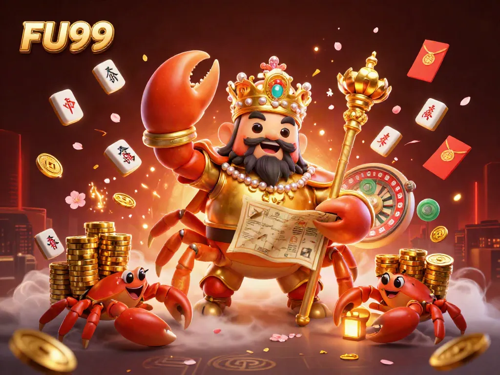 Experience immersive gambling with FU99, featuring a golden crab emperor and dynamic casino elements.