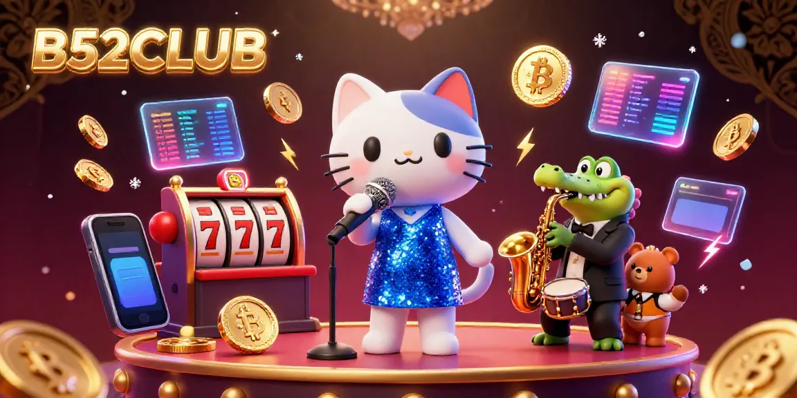 Engage with the lively scene of B52CLUB featuring a jazz-singer cat, a saxophone-playing crocodile, and a drum-playing bear cub in a casino atmosphere.