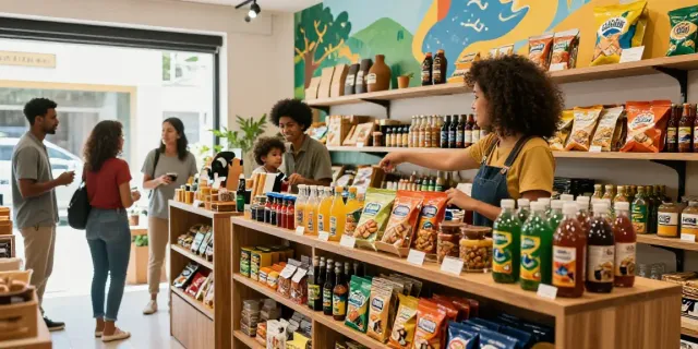 Einladende E-Commerce-Szene mit Kunden, die verschiedene brasilianische Produkte erkunden, inklusive Snacks und Getränke.