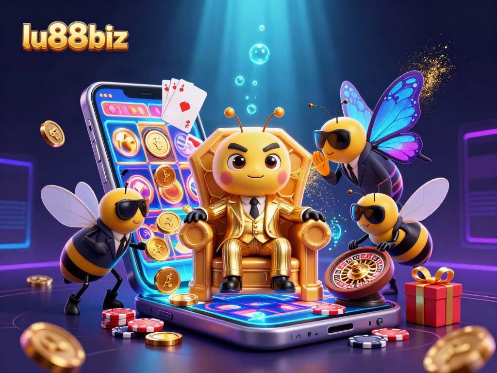 Win big with lu88biz in this vibrant 3D casino illustration featuring exciting game elements.