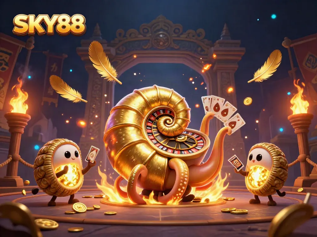 Experience thrilling gameplay at SKY88 with a fantastical 3D casino scene featuring a unique roulette wheel and vibrant elements.