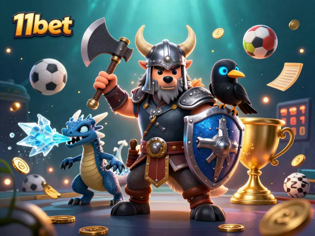 Engage with 11bet's thrilling games through a vibrant scene featuring a Viking warrior, dragon, and flying sports elements.