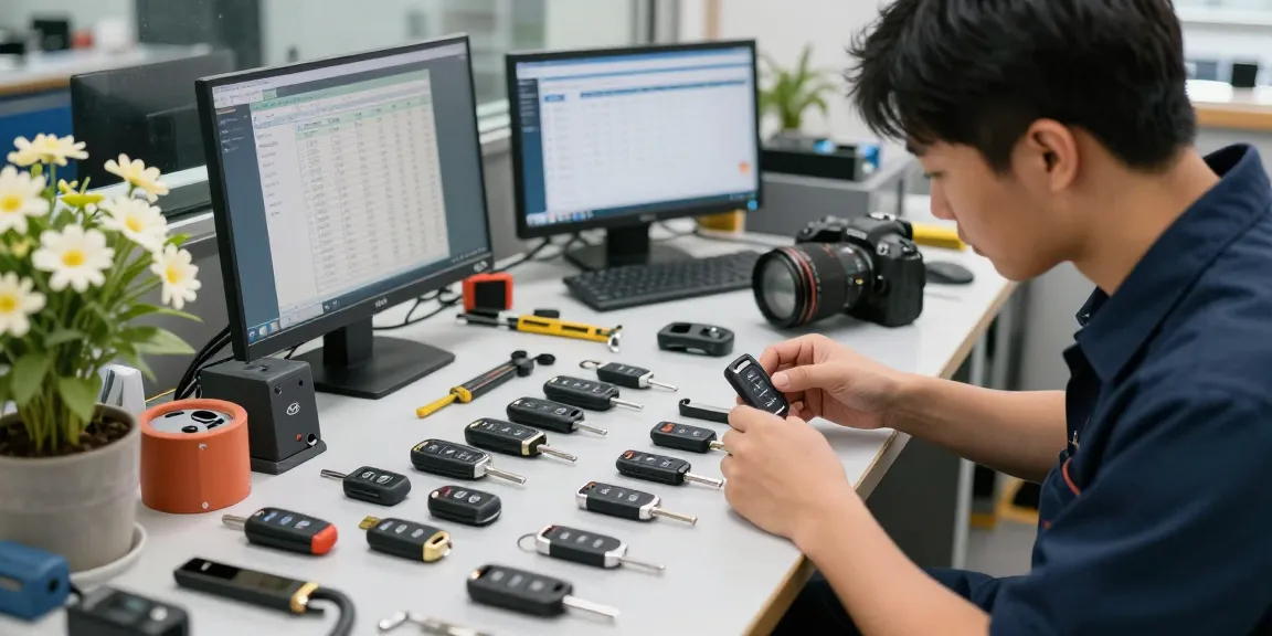 Optimale Autoschlüssel Lösungen hier klicken: Fachmann bei der Arbeit mit Schlüsselmodellen und Werkzeugen.