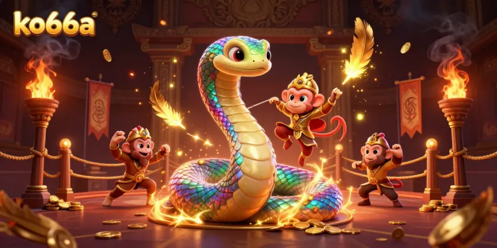 Experience thrilling gameplay at ko66a with a vibrant 3D illustration of a rainbow serpent and monkey king.