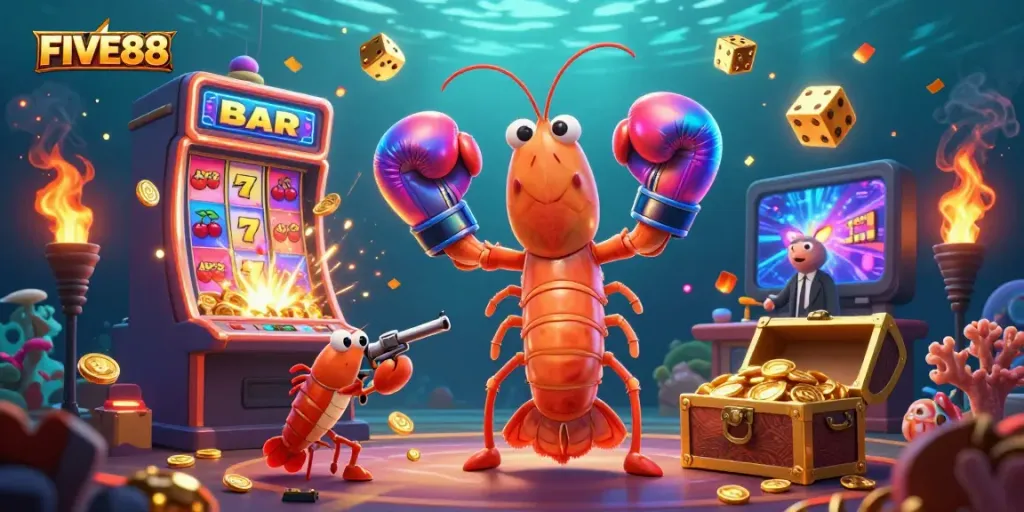 Experience the thrill of the FIVE88 casino with dynamic characters, colorful games, and jackpot excitement.