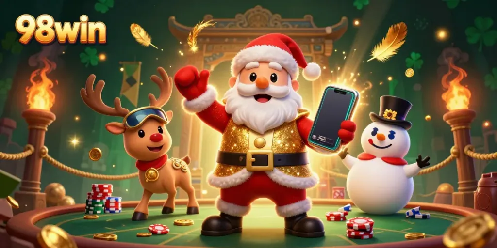 Spin the reels with 98win in a festive casino scene featuring Santa and friends celebrating jackpots.