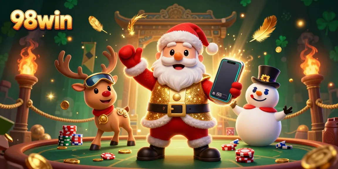 Spin the reels with 98win in a festive casino scene featuring Santa and friends celebrating jackpots.