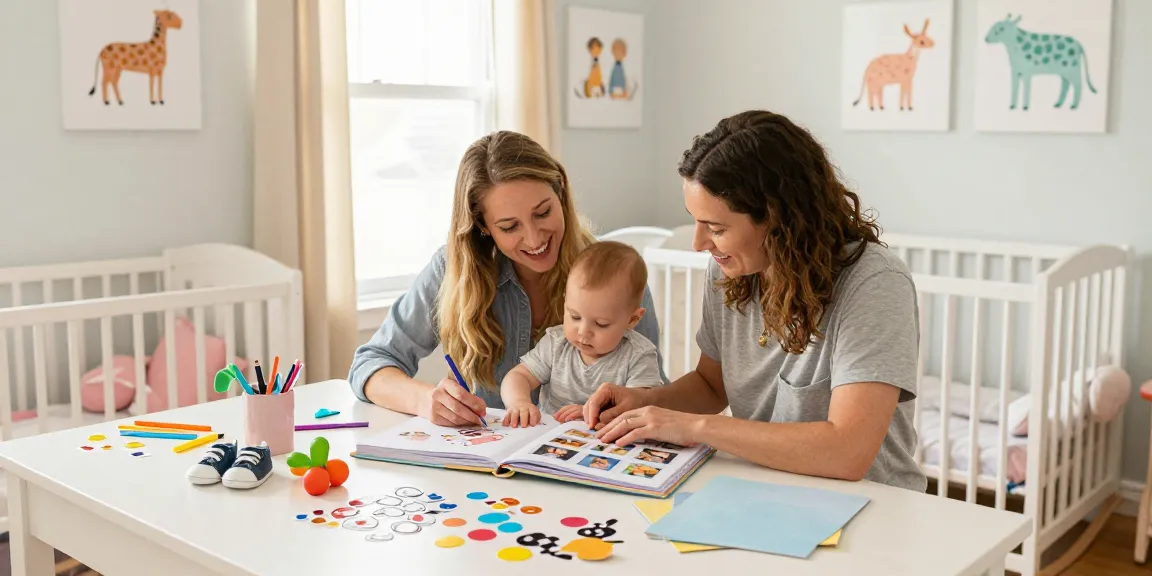 Fangen Sie die Freude am Erstellen eines personalisierten Babyalbums mit bunten Aufklebern und geschätzten Fotografien in einem gemütlichen Kinderzimmer ein.