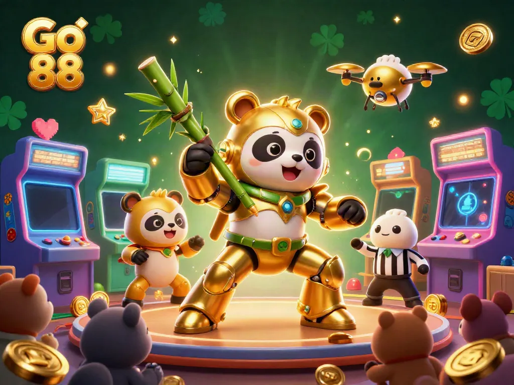 Experience excitement with Go 88, as a golden panda battles in a casino-themed arena.