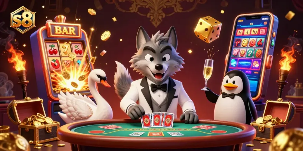 Experience thrilling slots action with s8 at a dynamic, vibrant casino scene featuring characters and game elements.