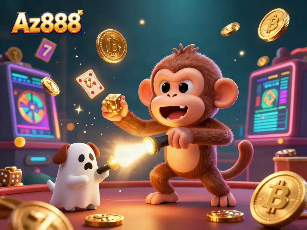 Experience the thrill of Az888's casino with a poltergeist monkey juggling gold while a puppy hunts for treasures.