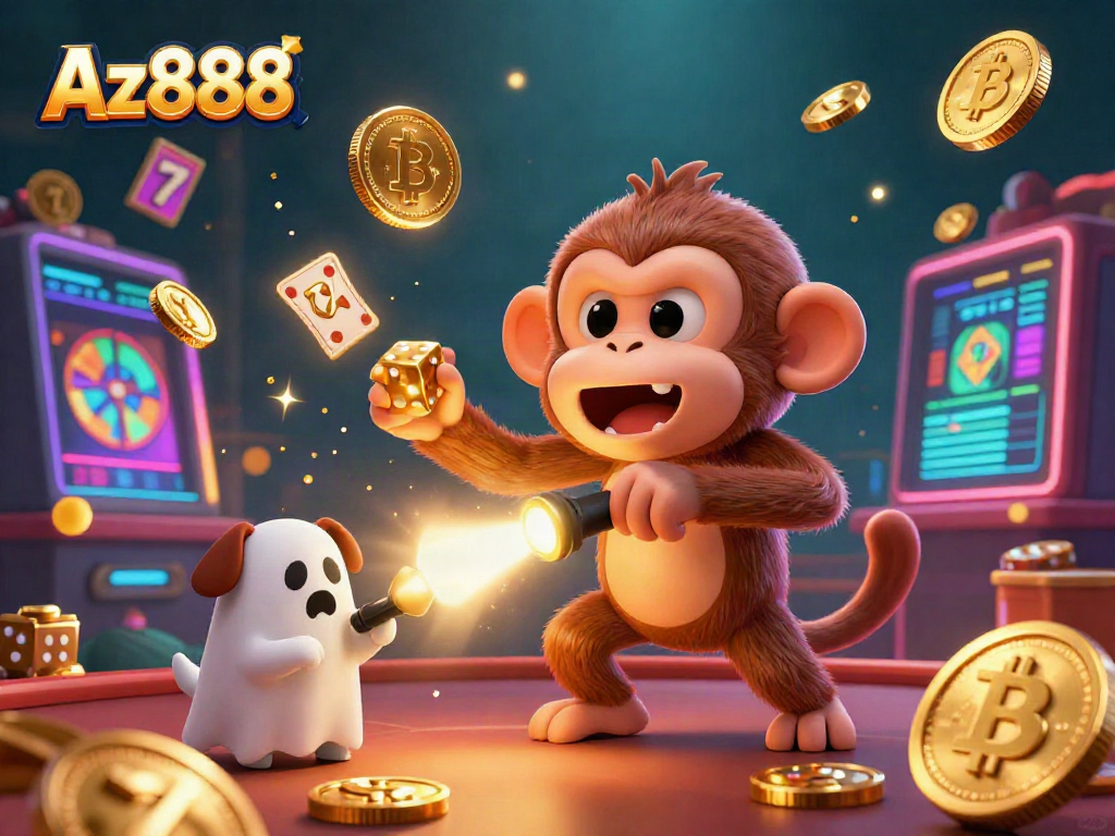 Experience the thrill of Az888's casino with a poltergeist monkey juggling gold while a puppy hunts for treasures.