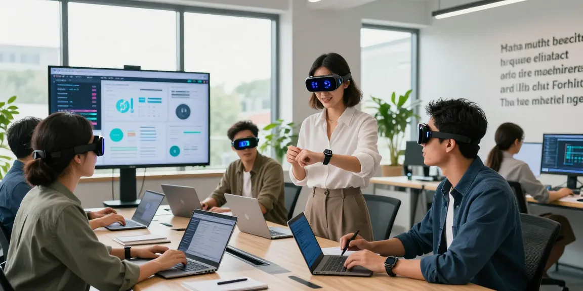 Collaboration among professionals showcasing AI wearables in a modern office setting, emphasizing innovation and technology.