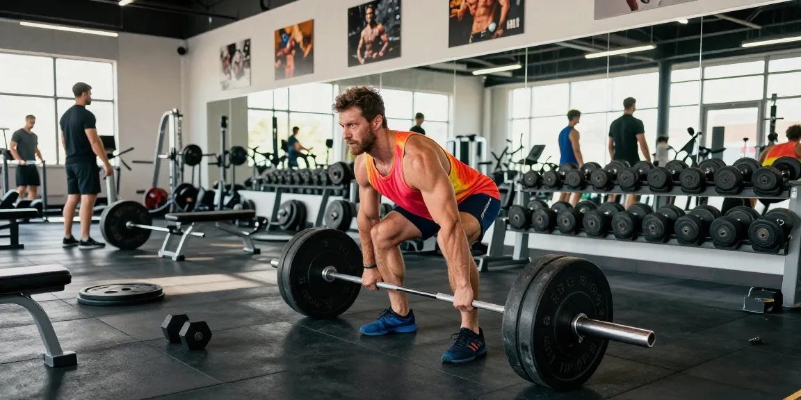 Anabolika Shop für Bodybuilder in einem modernen Fitnessstudio, wo ein Kraftsportler beim Deadlift trainiert, umgeben von Gewichten und motivierender Atmosphäre.
