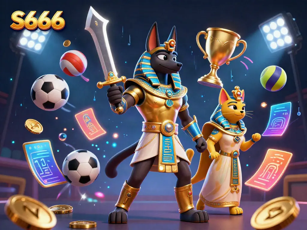 S666 engaging 3D illustration of an Egyptian warrior and cat amidst dynamic gaming elements.